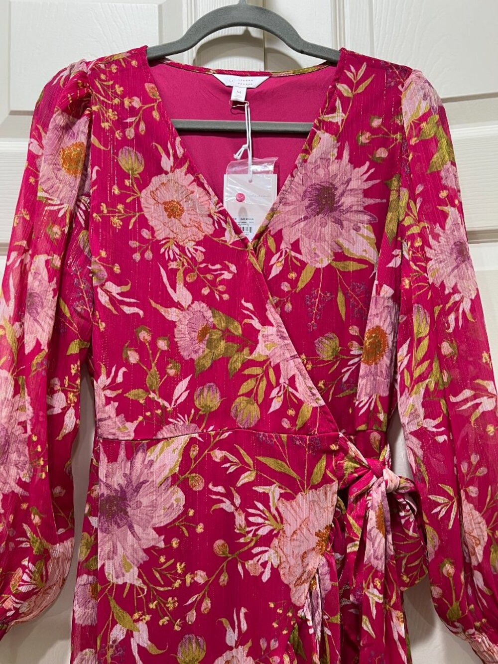 NWT Women's Lauren Conrad LC Floral Wrap Midi Dress Pink Long Sleeve Medium - Picture 2 of 6